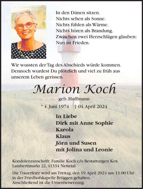 Traueranzeige von Marion Koch von trauer.extra-tipp-moenchengladbach.de