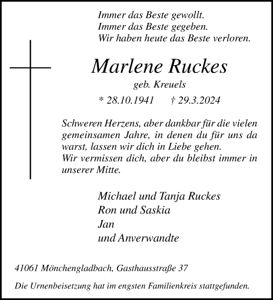 Traueranzeige von Marlene Ruckes von trauer.extra-tipp-moenchengladbach.de