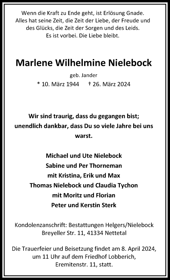 Traueranzeige von Marlene Wilhelmine Nielebock von trauer.extra-tipp-moenchengladbach.de