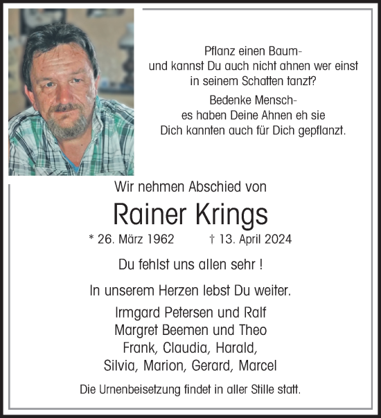 Traueranzeige von Rainer Krings von trauer.extra-tipp-moenchengladbach.de