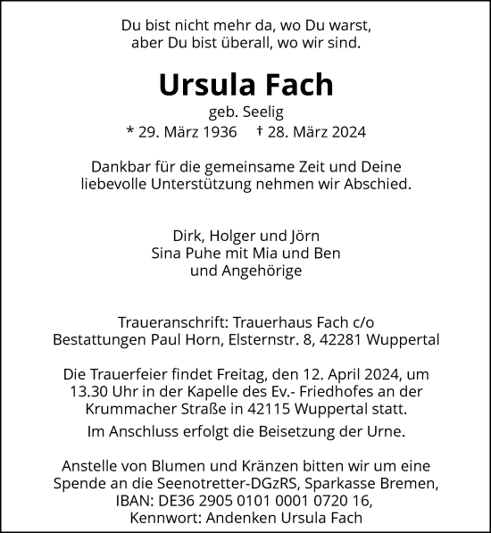 Traueranzeige von Ursula Fach von trauer.wuppertaler-rundschau.de
