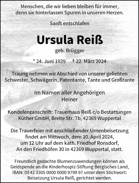 Traueranzeige von Ursula Reiß von trauer.wuppertaler-rundschau.de