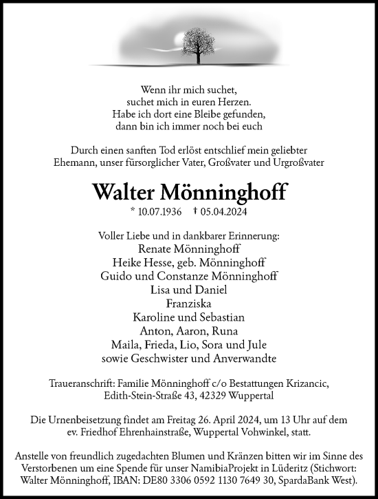 Traueranzeige von Walter Mönninghoff von trauer.wuppertaler-rundschau.de