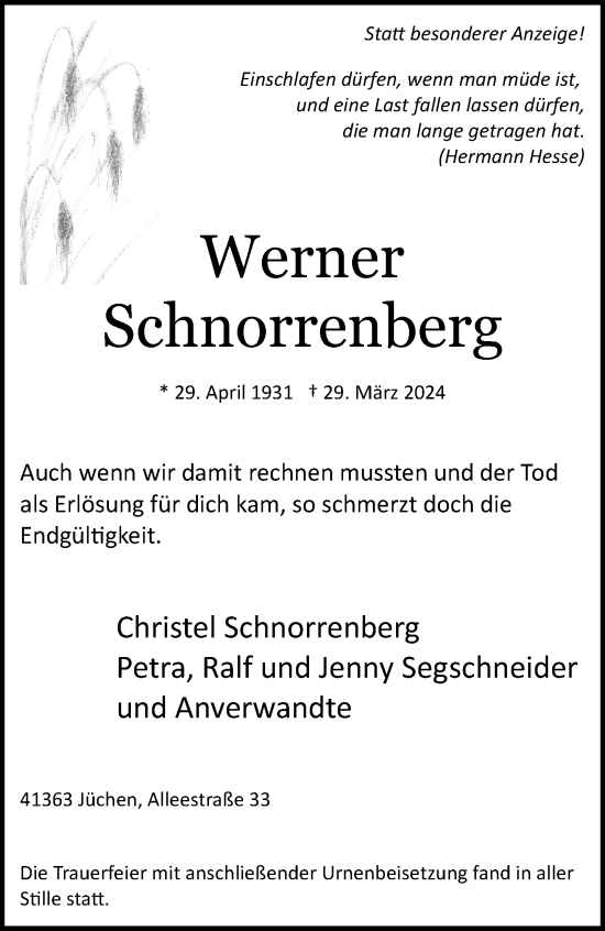 Traueranzeige von Werner Schnorrenberg von trauer.stadt-kurier.de