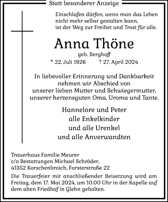 Traueranzeige von Anna Thöne von trauer.extra-tipp-moenchengladbach.de