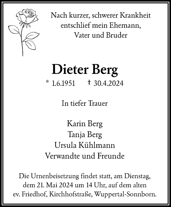 Traueranzeige von Dieter Berg von trauer.wuppertaler-rundschau.de