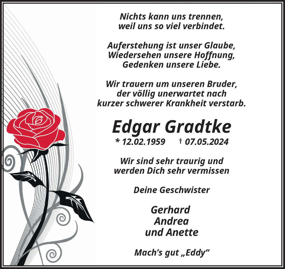  Traueranzeige für Edgar Gradtke vom 11.05.2024 aus trauer.wuppertaler-rundschau.de