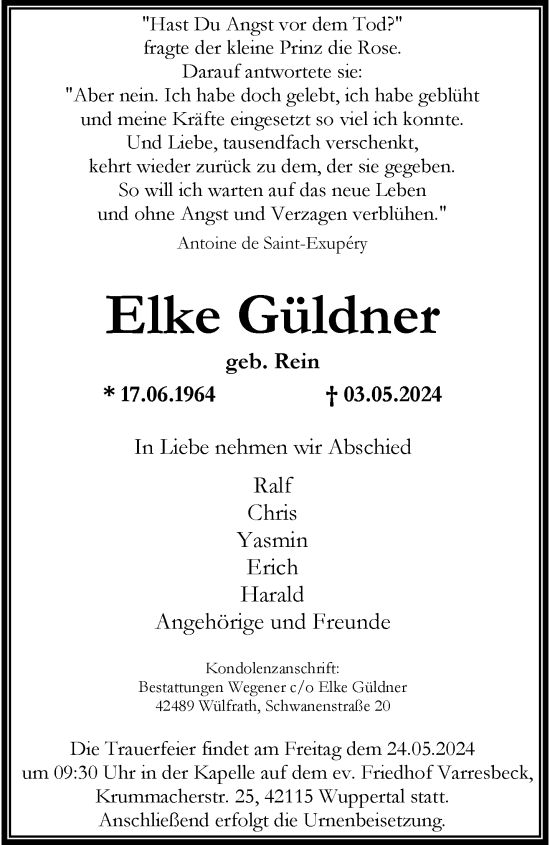 Traueranzeige von Elke Güldner von trauer.wuppertaler-rundschau.de