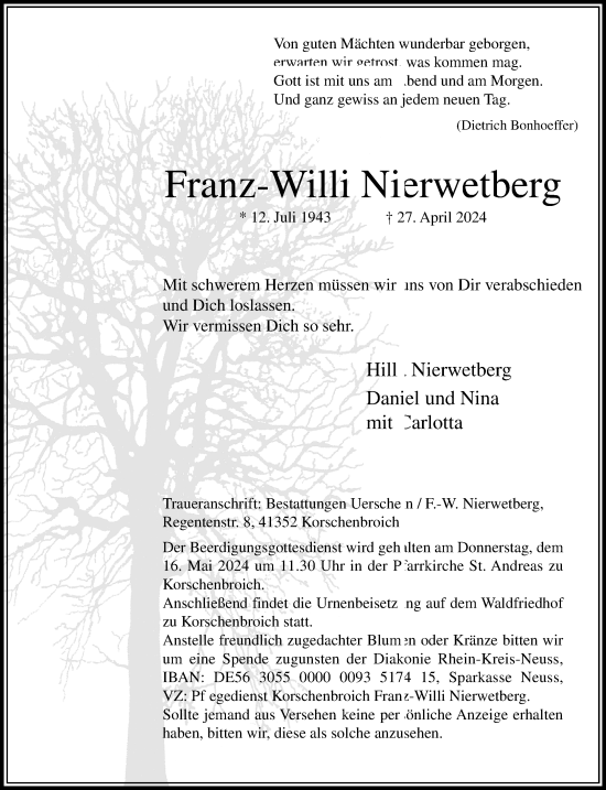 Traueranzeige von Franz-Willi Nierwetberg von trauer.extra-tipp-moenchengladbach.de