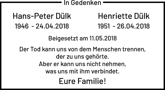Traueranzeige von Hans-Peter und Henriette Dülk von trauer.extra-tipp-moenchengladbach.de
