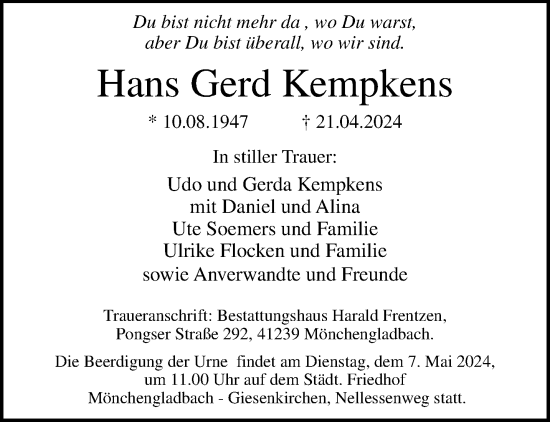 Traueranzeige von Hans Gerd Kempkens von trauer.extra-tipp-moenchengladbach.de