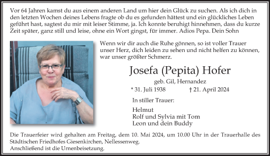 Traueranzeige von Josefa Hofer von trauer.extra-tipp-moenchengladbach.de