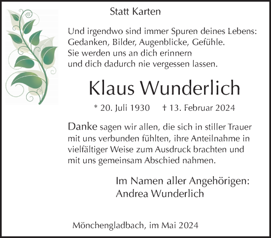 Traueranzeige von Klaus Wunderlich von trauer.extra-tipp-moenchengladbach.de