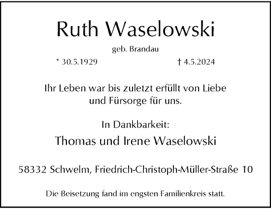 Traueranzeige von Ruth Waselowski von trauer.wuppertaler-rundschau.de