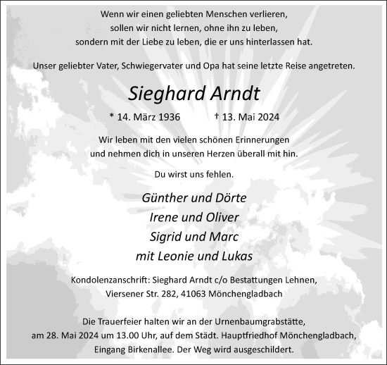 Traueranzeige von Sieghard Arndt von trauer.extra-tipp-moenchengladbach.de