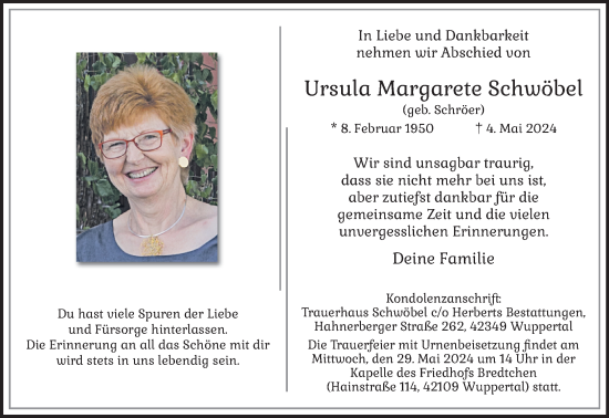 Traueranzeige von Ursula Margarete Schwöbel von trauer.wuppertaler-rundschau.de