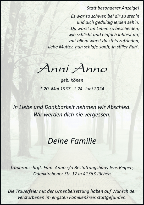 Traueranzeige von Anni Anno von trauer.stadt-kurier.de