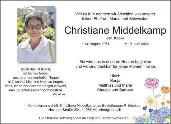 Traueranzeige von Christiane Middelkamp von trauer.extra-tipp-moenchengladbach.de