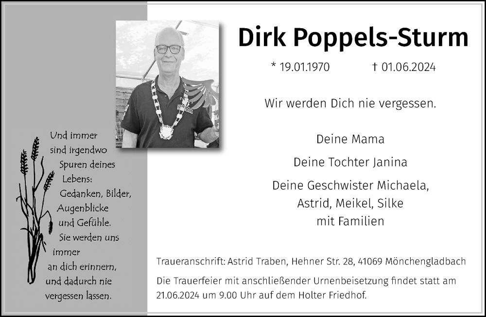  Traueranzeige für Dirk Poppels-Sturm vom 16.06.2024 aus trauer.extra-tipp-moenchengladbach.de