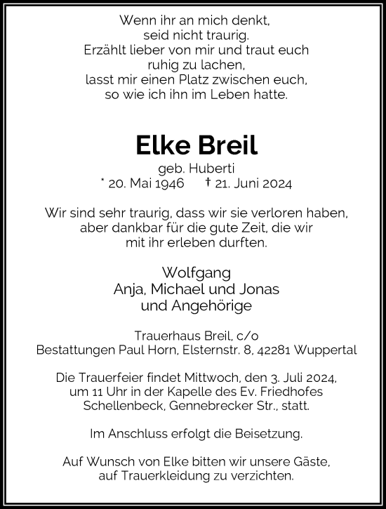 Traueranzeige von Elke Breil von trauer.wuppertaler-rundschau.de