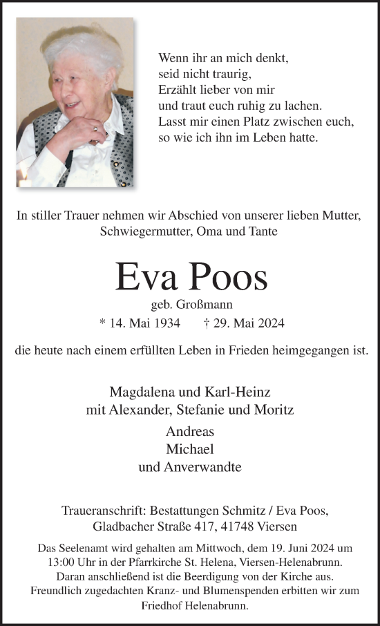 Traueranzeige von Eva Poos von trauer.extra-tipp-moenchengladbach.de
