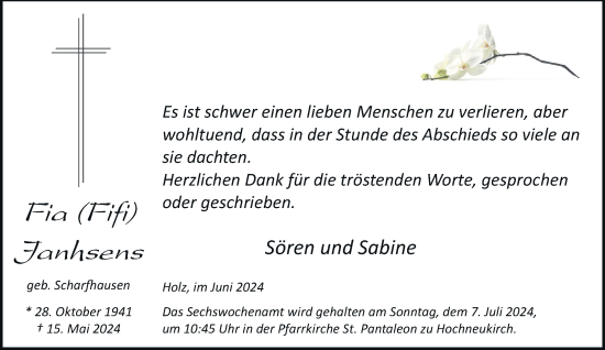 Traueranzeige von Fia Janhsens von trauer.stadt-kurier.de