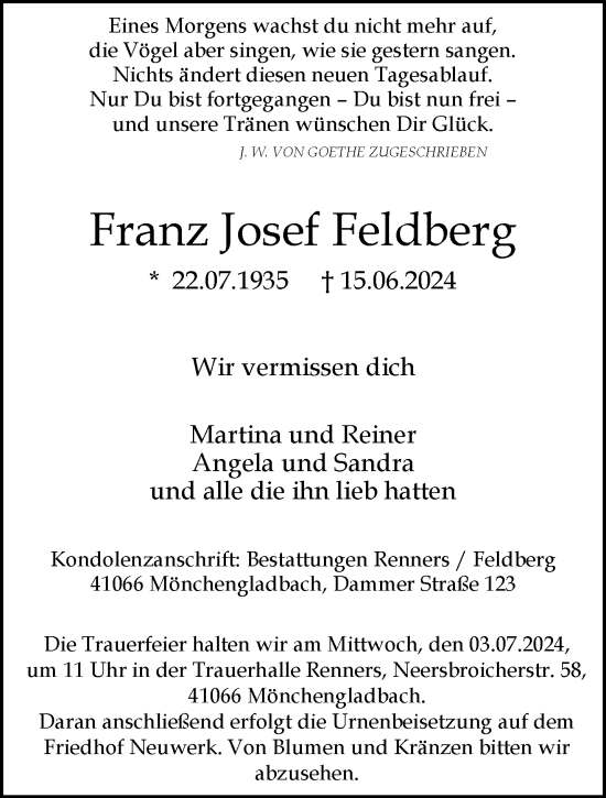 Traueranzeige von Franz Josef Feldberg von trauer.extra-tipp-moenchengladbach.de