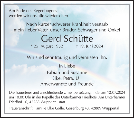 Traueranzeige von Gerd Schütte von trauer.wuppertaler-rundschau.de