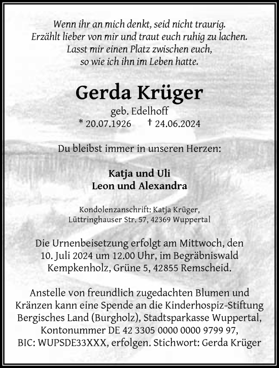 Traueranzeige von Gerda Krüger von trauer.wuppertaler-rundschau.de