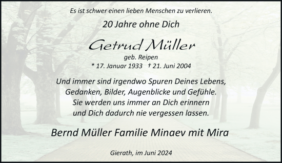 Traueranzeige von Getrud Müller von trauer.stadt-kurier.de