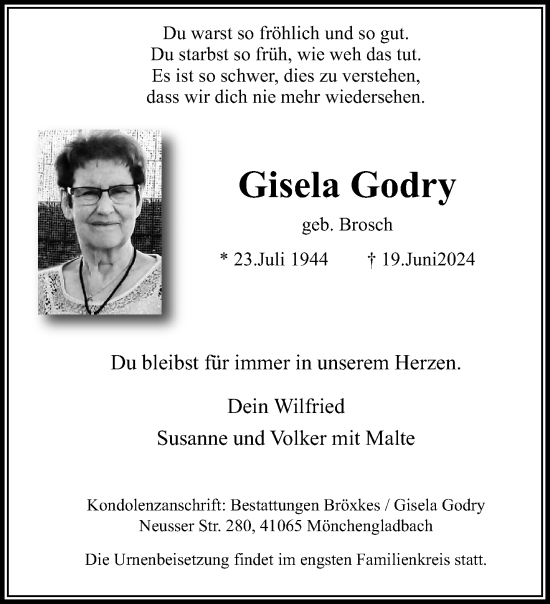 Traueranzeige von Gisela Godry von trauer.extra-tipp-moenchengladbach.de