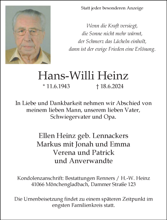 Traueranzeige von Hans-Willi Heinz von trauer.extra-tipp-moenchengladbach.de