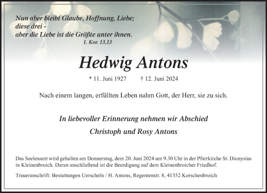 Traueranzeige von Hedwig Antons von trauer.extra-tipp-moenchengladbach.de