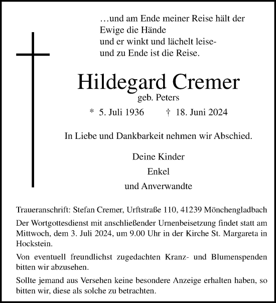 Traueranzeige von Hildegard Cremer von trauer.extra-tipp-moenchengladbach.de