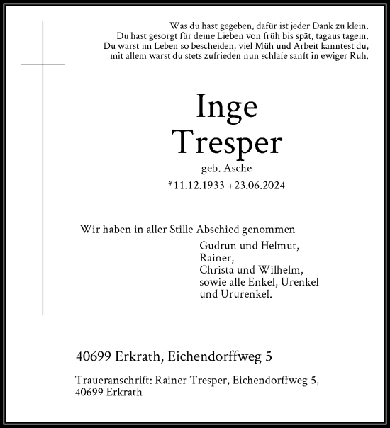 Traueranzeige von Inge Tresper von trauer.duesseldorfer-anzeiger.de