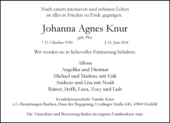 Traueranzeige von Johanna Agnes Knur von trauer.extra-tipp-moenchengladbach.de