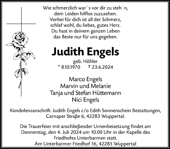Traueranzeige von Judith Engels von trauer.wuppertaler-rundschau.de