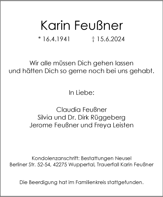 Traueranzeige von Karin Feußner von trauer.wuppertaler-rundschau.de