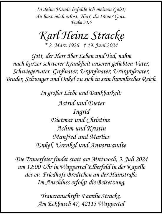 Traueranzeige von Karl Heinz Stracke von trauer.wuppertaler-rundschau.de