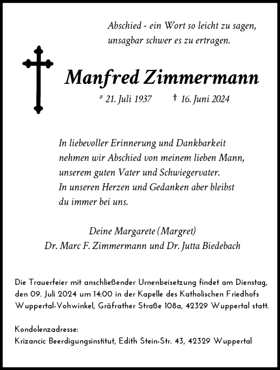 Traueranzeige von Manfred Zimmermann von trauer.wuppertaler-rundschau.de