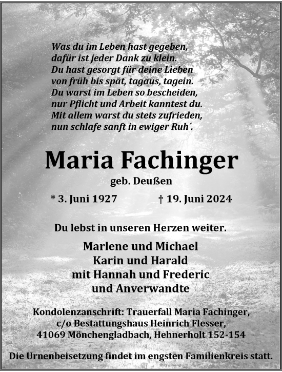Traueranzeige von Maria Fachinger von trauer.extra-tipp-moenchengladbach.de