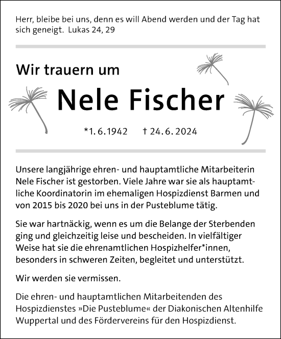 Traueranzeige von Nele Fischer von trauer.wuppertaler-rundschau.de