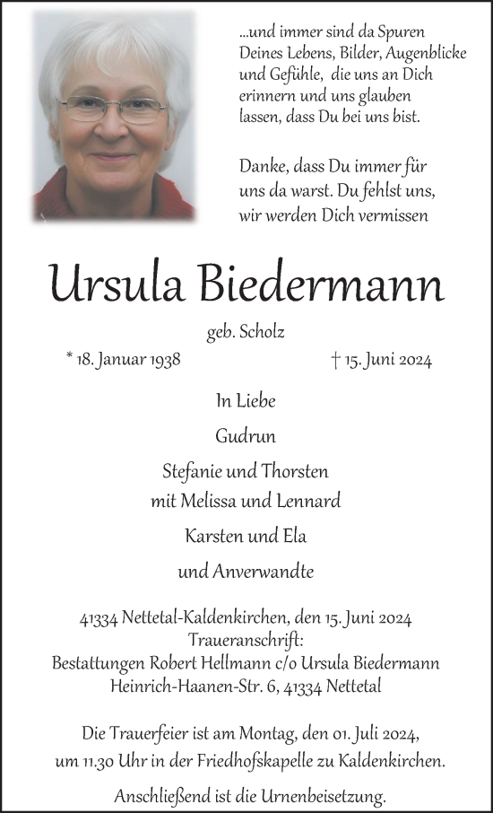 Traueranzeige von Ursula Biedermann von trauer.extra-tipp-moenchengladbach.de