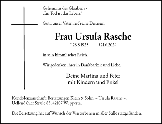 Traueranzeige von Ursula Rasche von trauer.wuppertaler-rundschau.de