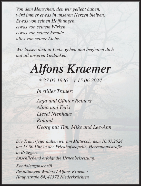 Traueranzeige von Alfons Kraemer von trauer.extra-tipp-moenchengladbach.de