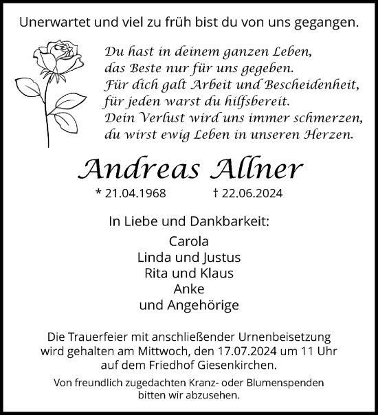 Traueranzeige von Andreas Allner von trauer.extra-tipp-moenchengladbach.de