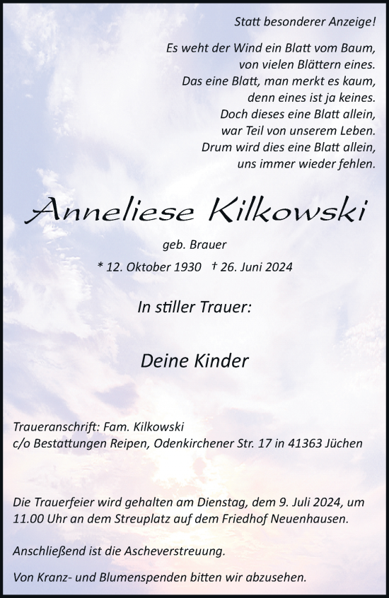 Traueranzeige von Anneliese Kilkowski von trauer.stadt-kurier.de