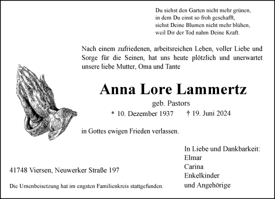 Traueranzeige von Anne Lore Lammertz von trauer.extra-tipp-moenchengladbach.de