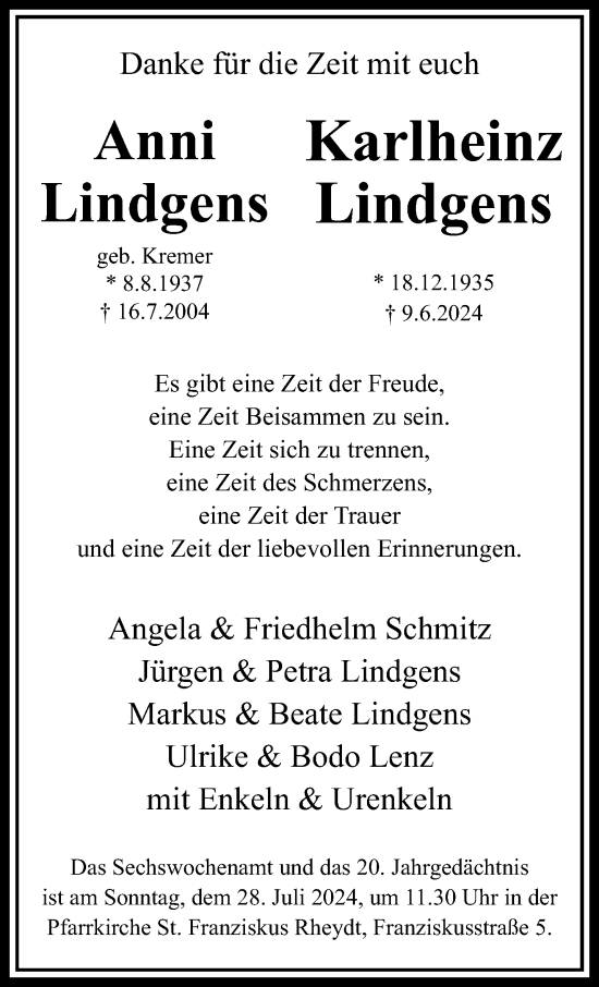Traueranzeige von Anni und Karlheinz Lindgens von trauer.extra-tipp-moenchengladbach.de