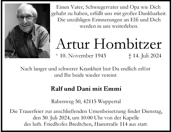 Traueranzeige von Artur Hombitzer von trauer.wuppertaler-rundschau.de
